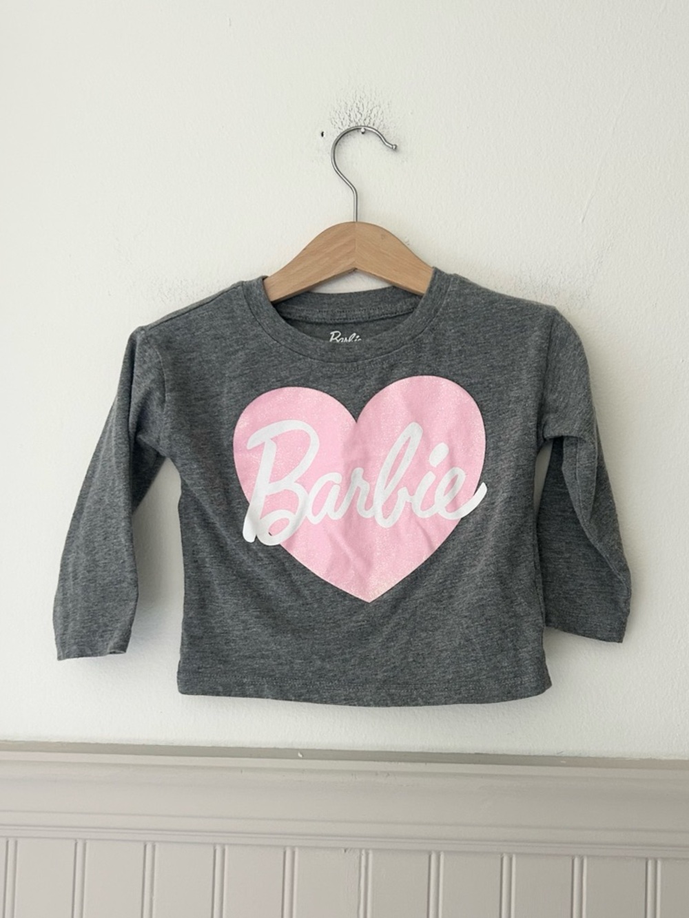 Barbie 18M Gray Long Sleeve Heart Graphic Top Pink Barbie Logo Toddler Shirt